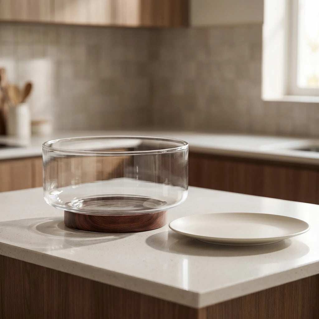 Clear Glass Serving Bowl with Walnut Wood Stand in a modern simple kitchen. 