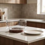 Clear Glass Serving Bowl with Walnut Wood Stand in a modern simple kitchen. 