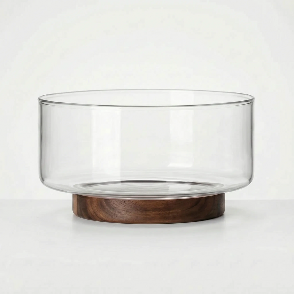 Clear Glass Serving Bowl with Walnut Wood Stand in a nice studio large