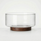 Clear Glass Serving Bowl with Walnut Wood Stand in a nice studio large