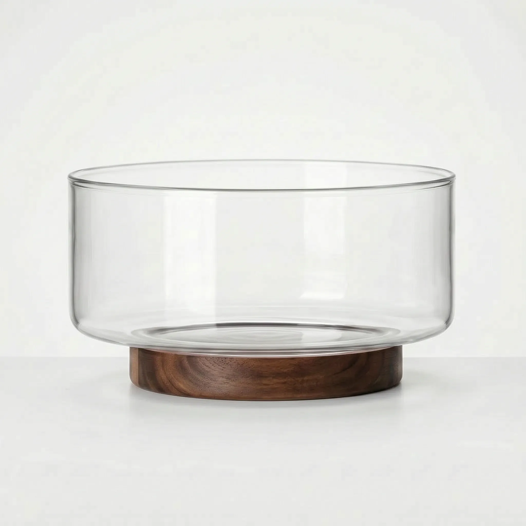 Clear Glass Serving Bowl with Walnut Wood Stand in a nice studio large