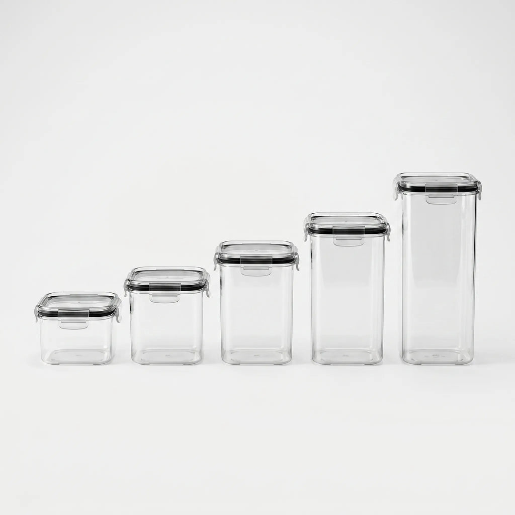 Clear Stackable Food Storage Container with Lid in plastic in a nice white studio. 