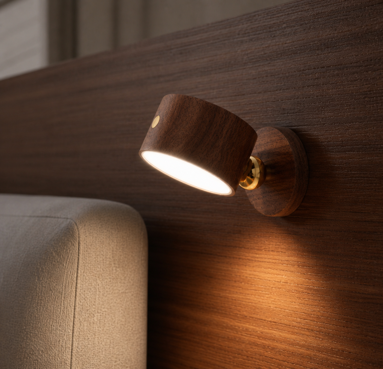 Wooden wall sconce on a wooden wall with a blurred background