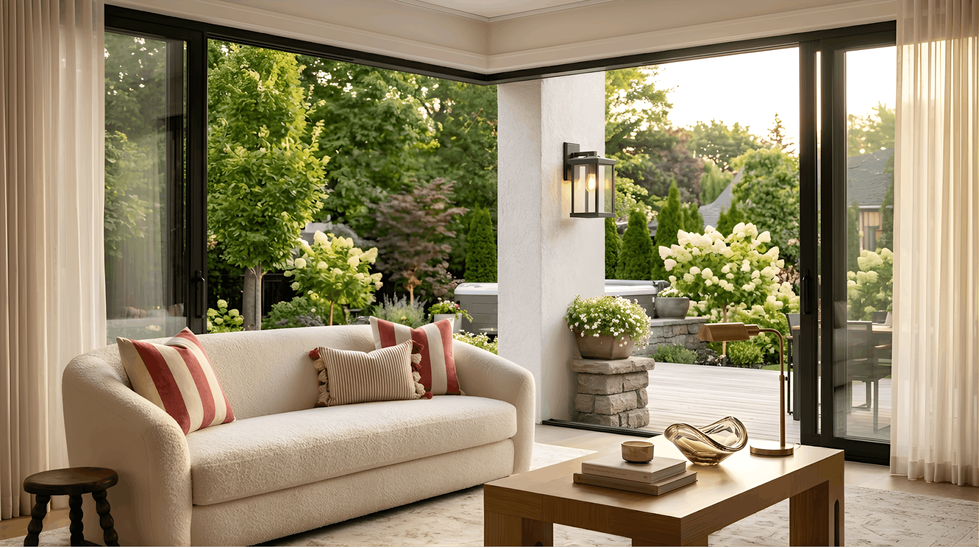 Living room with white couch and striped red and white pillows with a table looking out to a backyard with green trees 