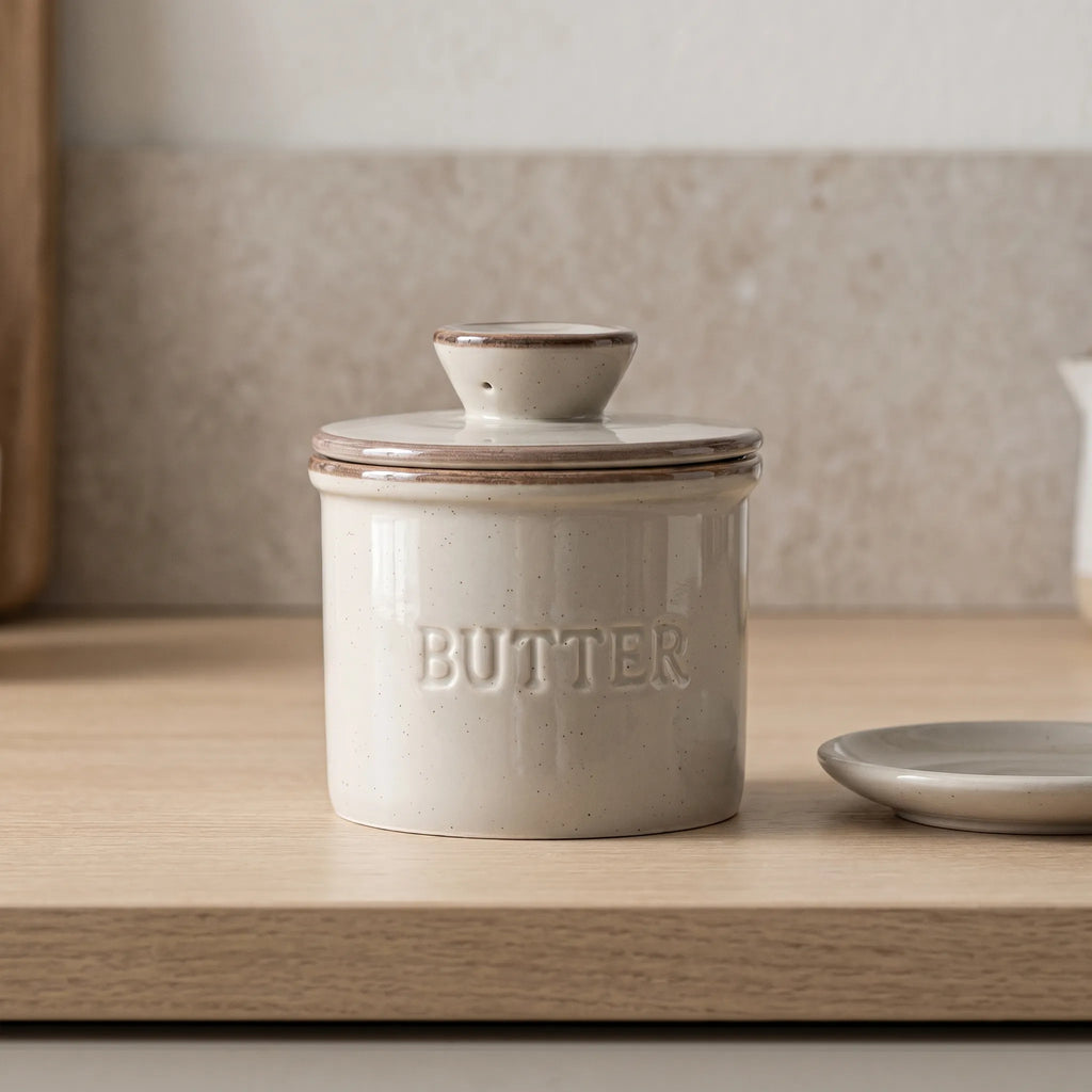  French Butter Crock – Speckled Stoneware Keeper in a nice kitchen area. 