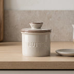  French Butter Crock – Speckled Stoneware Keeper in a nice kitchen area. 