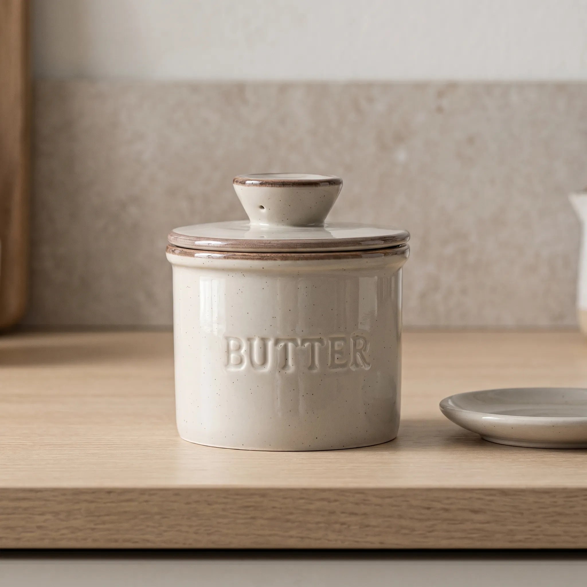  French Butter Crock – Speckled Stoneware Keeper in a nice kitchen area. 