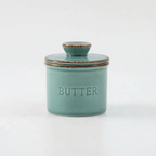  French Butter Crock – Speckled Stoneware Keeper in a turqoise in a white studio. 