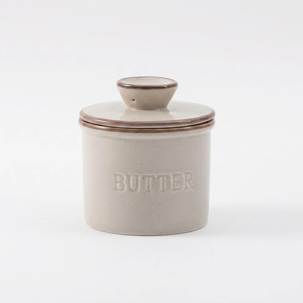 French Butter Crock – Speckled Stoneware Keeper in a nice white studio