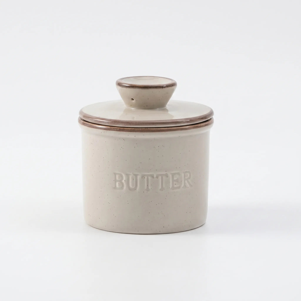  French Butter Crock – Speckled Stoneware Keeper in a nice white studio. 