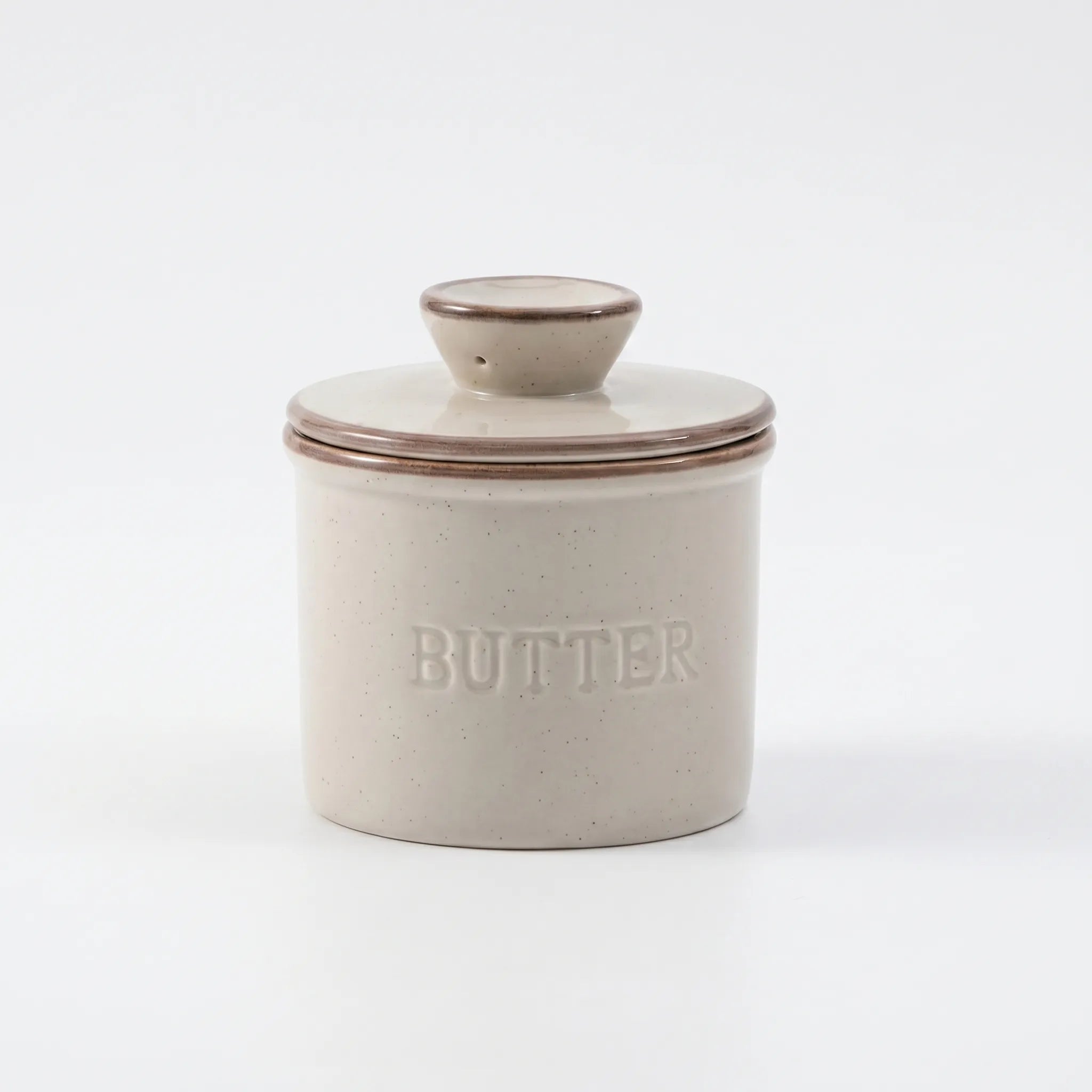  French Butter Crock – Speckled Stoneware Keeper in a nice white studio. 