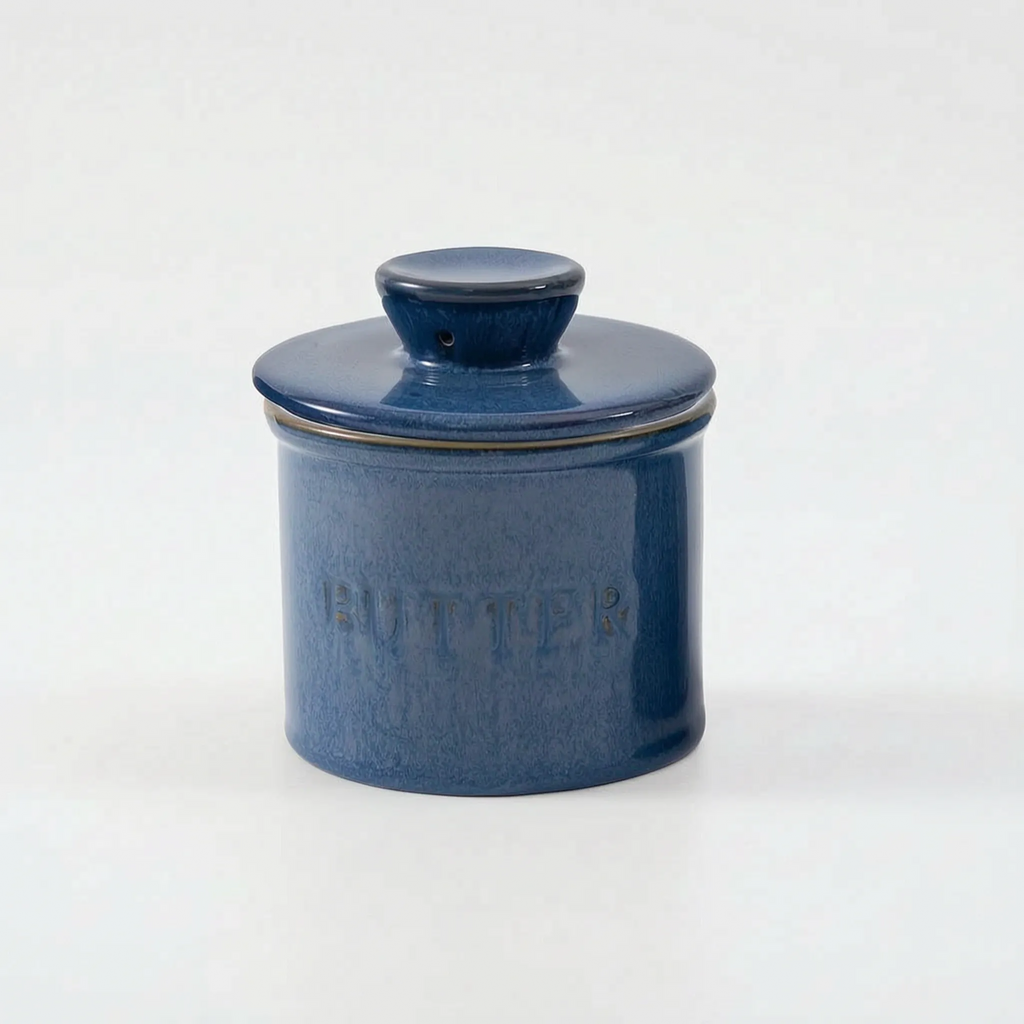  French Butter Crock – Speckled Stoneware Keeper in bright blue in a nice white studio. 