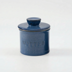  French Butter Crock – Speckled Stoneware Keeper in bright blue in a nice white studio. 