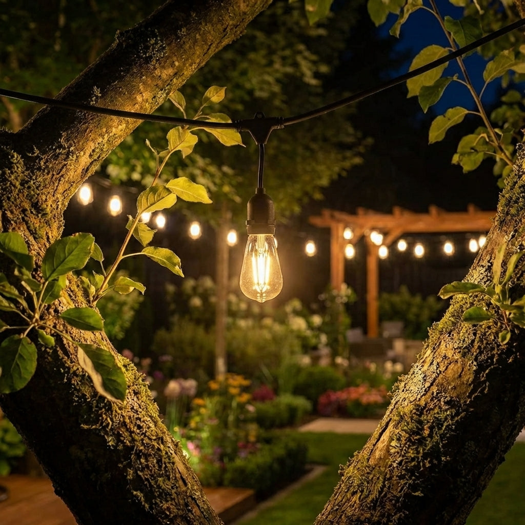 String lights hanging between tree branches in a garden setting