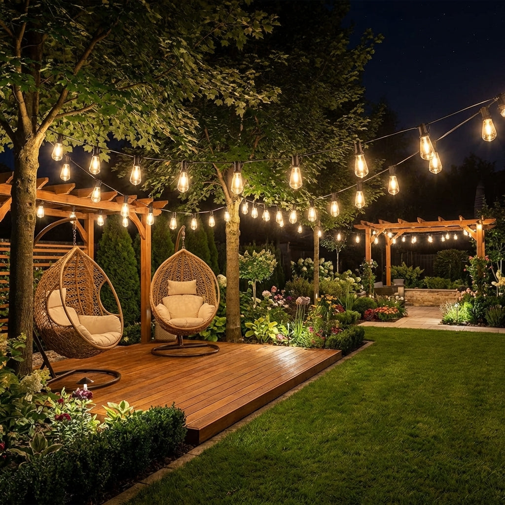 Garden setting with hanging chairs, string lights, and a wooden platform at night.
