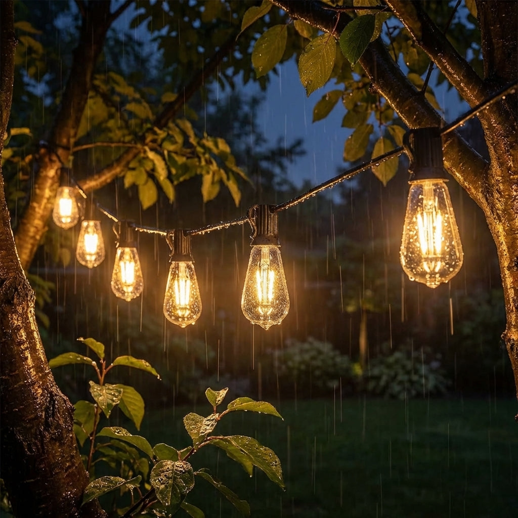 String of illuminated light bulbs hanging between trees in a garden during rain.