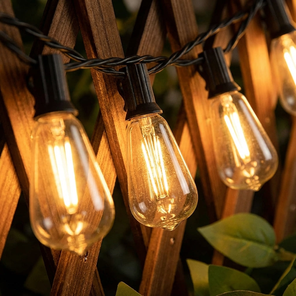 String of lit light bulbs hanging against a wooden fence with leaves in the background