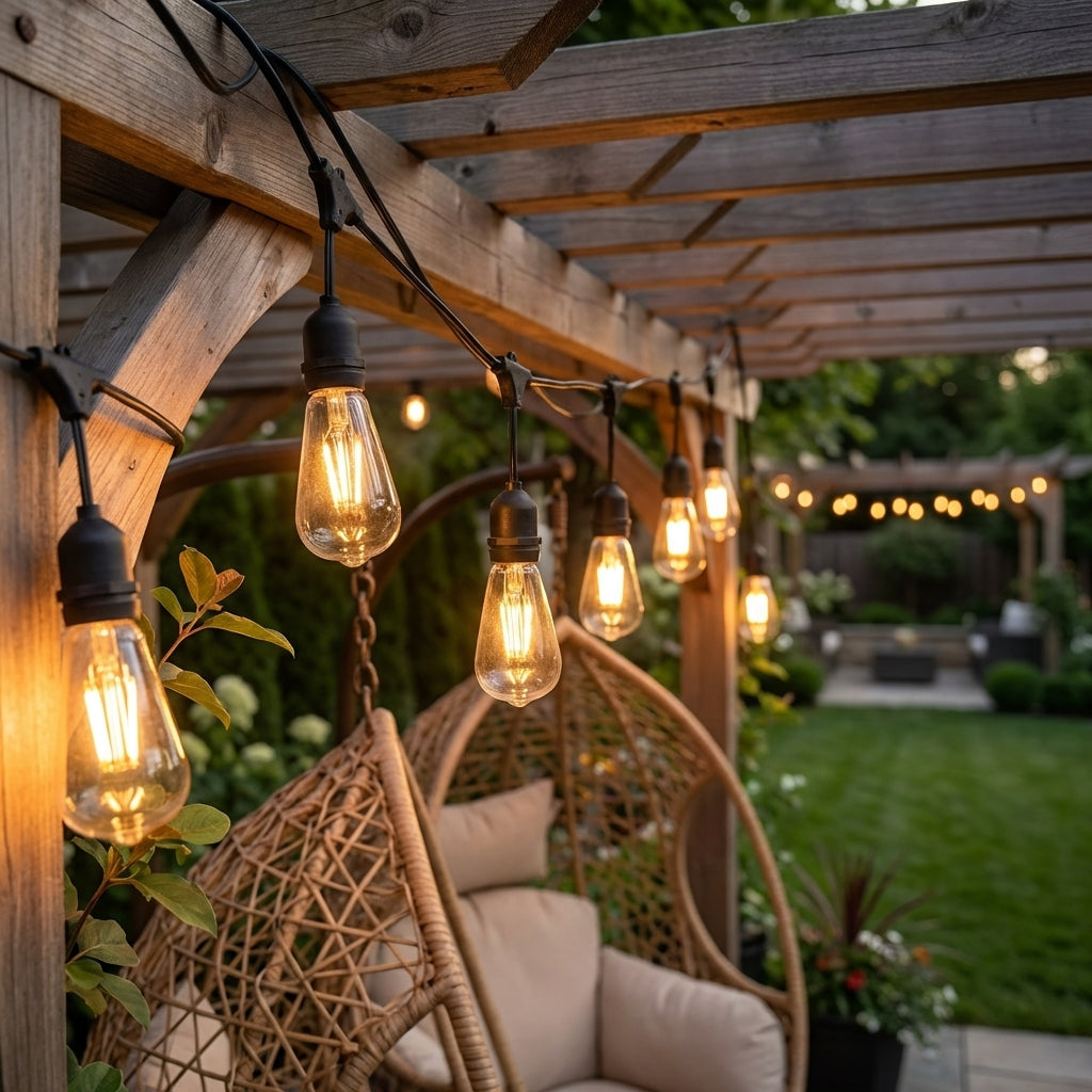 String lights hanging from a wooden pergola with a wicker chair and cushions in a garden setting.