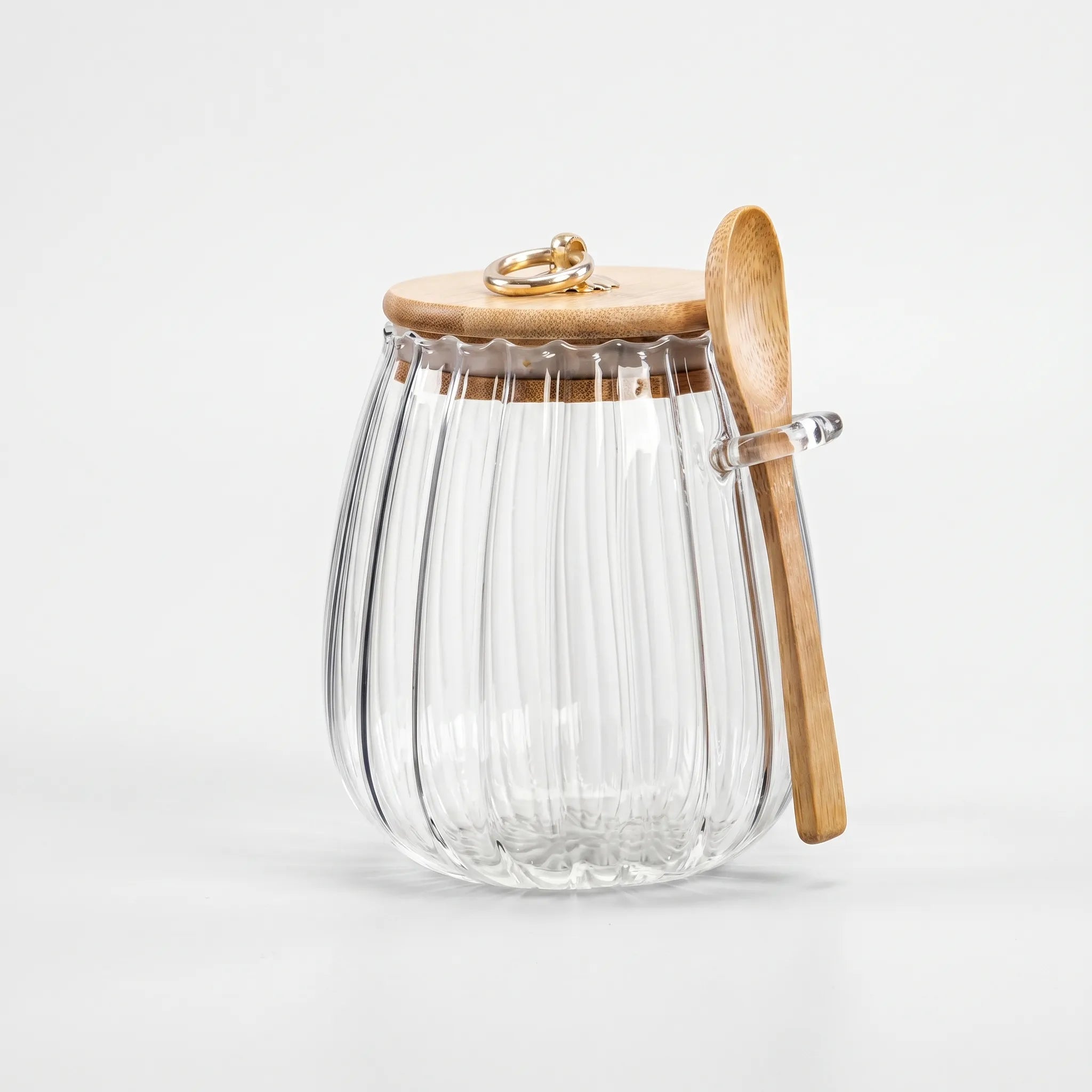 Ribbed Glass Storage Jar with Bamboo Lid and Spoon