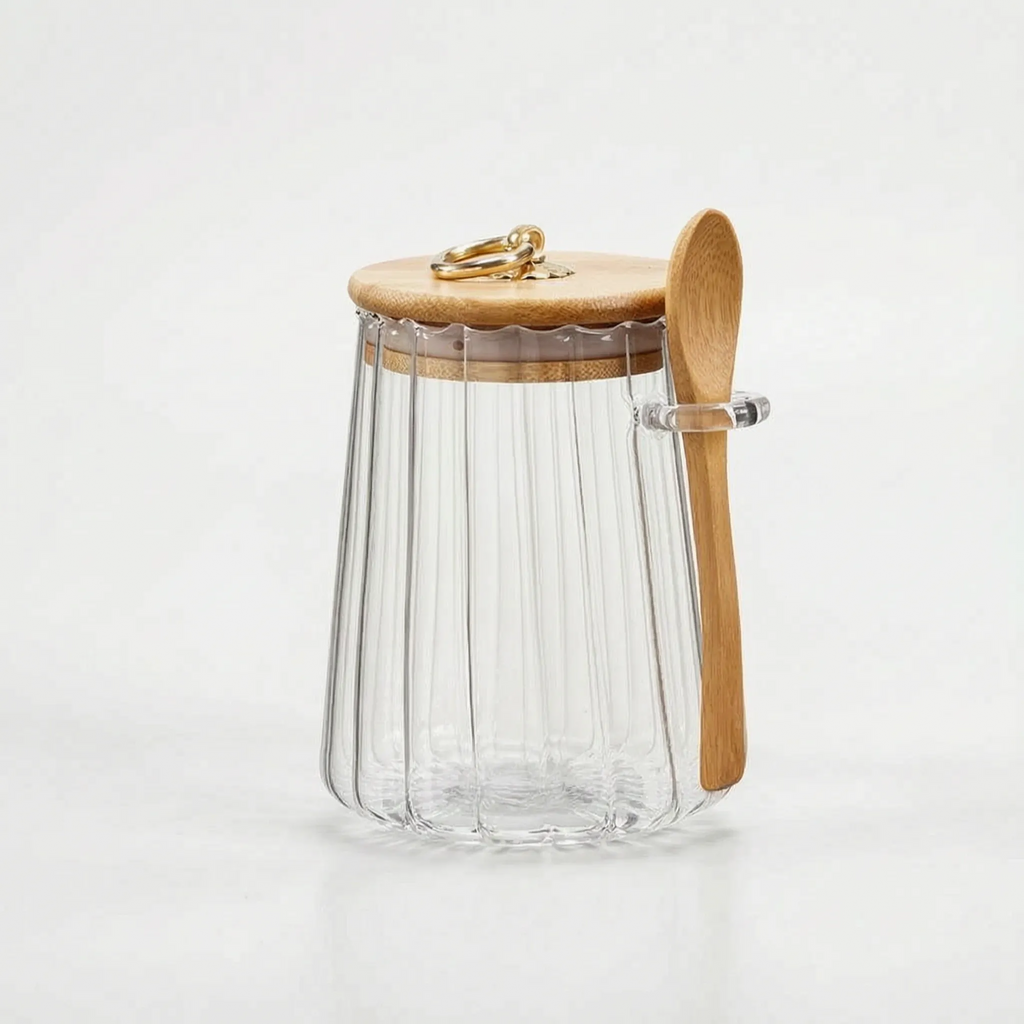 Ribbed Glass Storage Jar with Bamboo Lid and Spoon
