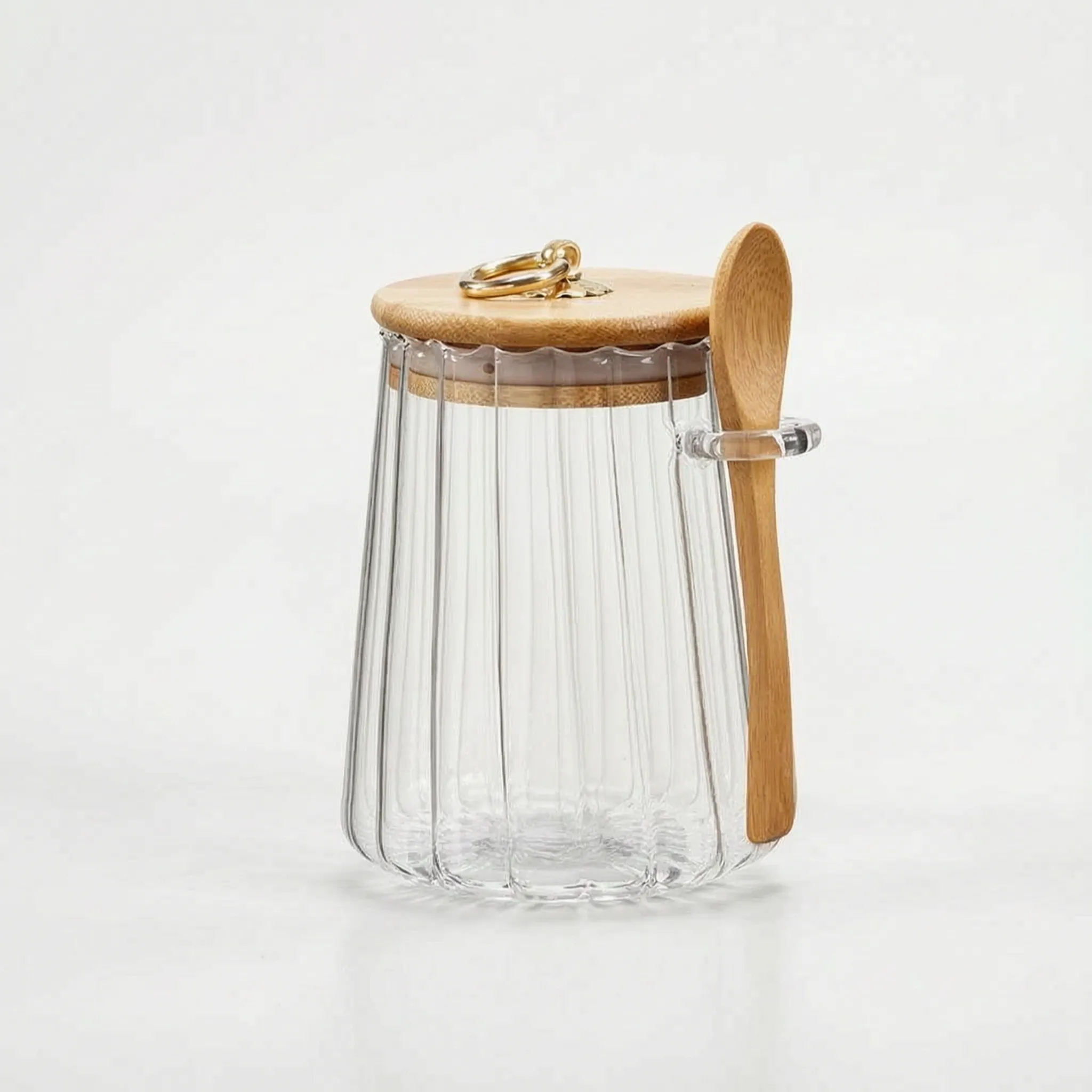 Ribbed Glass Storage Jar with Bamboo Lid and Spoon