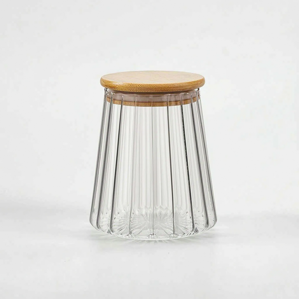Ribbed Glass Storage Jar with Bamboo Lid and Spoon