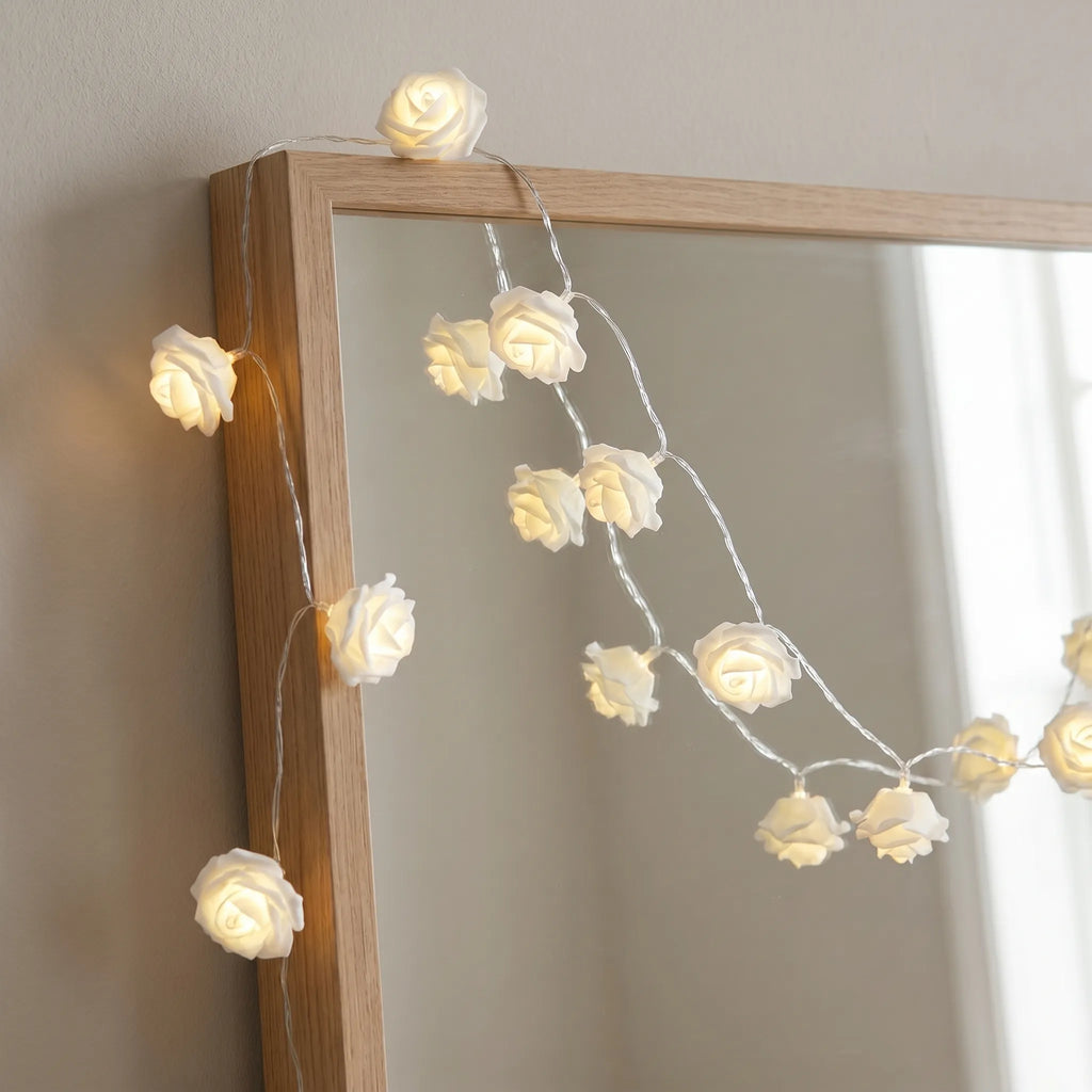 Rose String Lights hanging over a nice mirror..