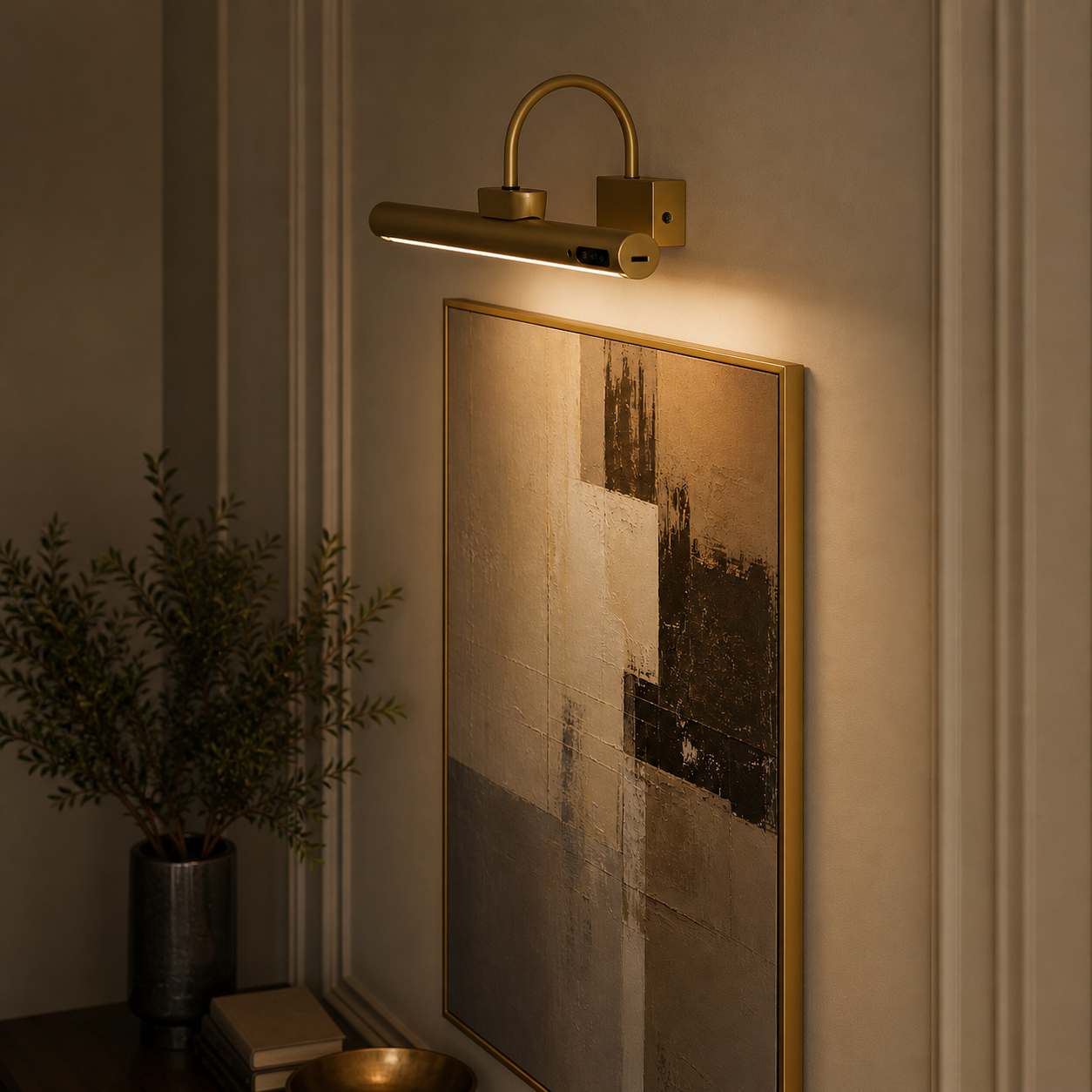 Gold Picture Light with Remote – Rechargeable Wireless Wall Art Light, Dimmable 3 Color Temperatures Foryuni