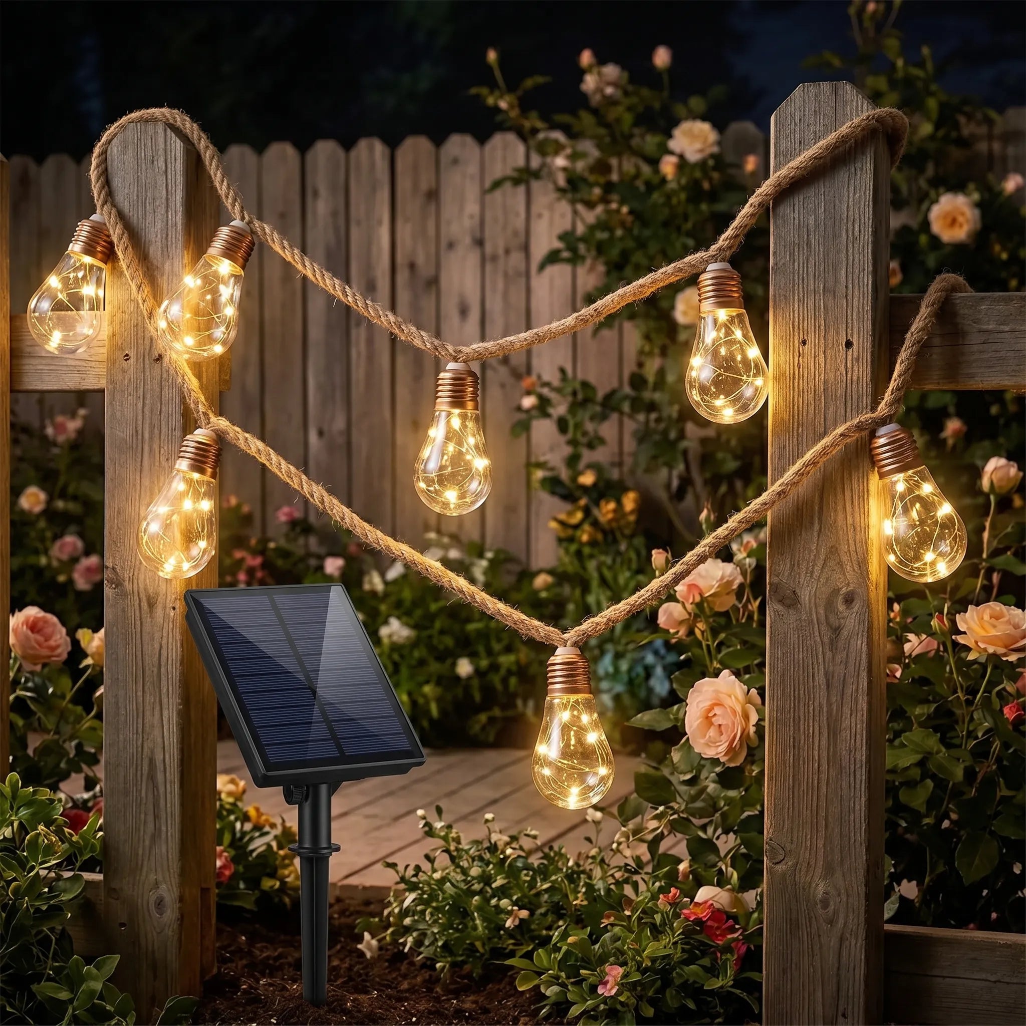 Solar String Lights — Hemp Rope Cord, Edison Bulb Style, 8 Modes