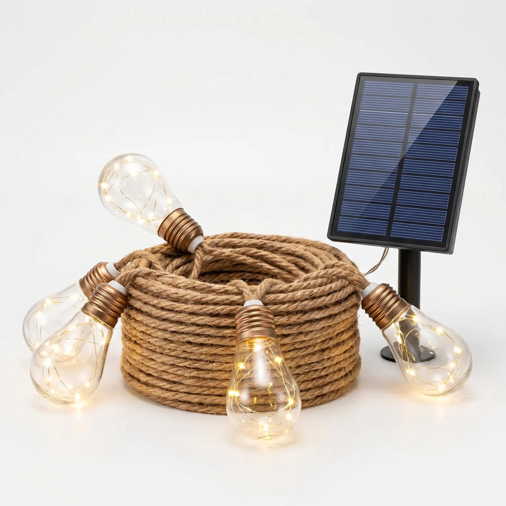 Solar-powered string lights with coiled rope and illuminated bulbs on a white background