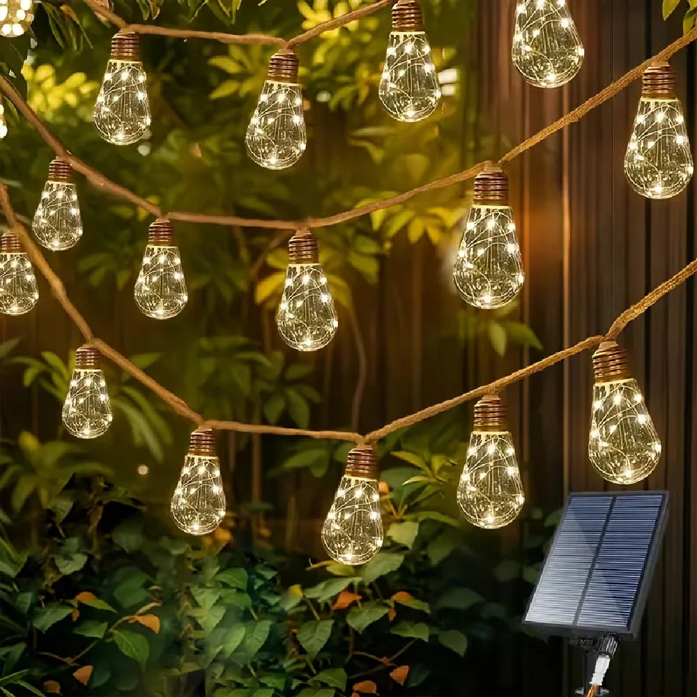 Solar String Lights — Hemp Rope Cord, Edison Bulb Style, 8 Modes
