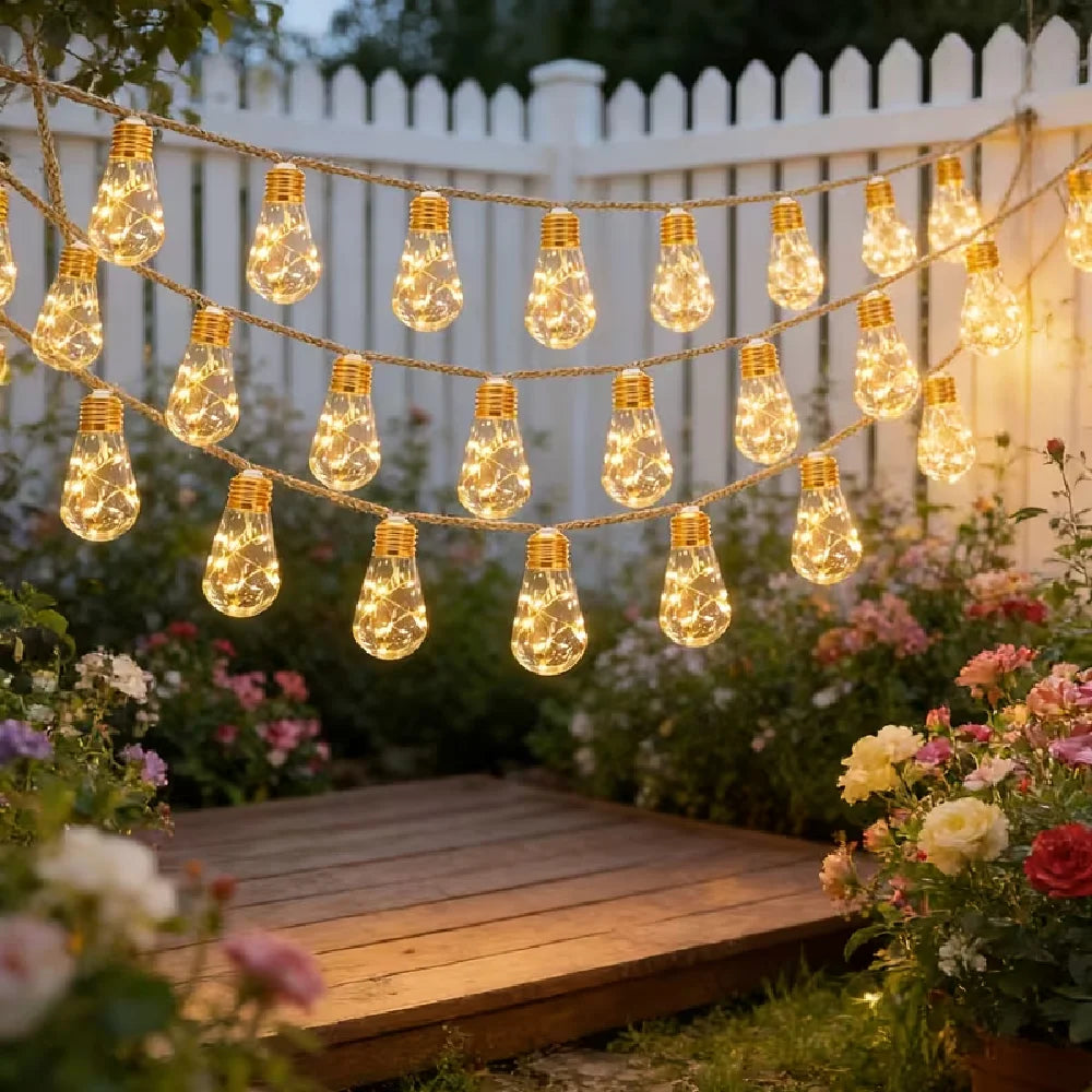 Solar String Lights — Hemp Rope Cord, Edison Bulb Style, 8 Modes