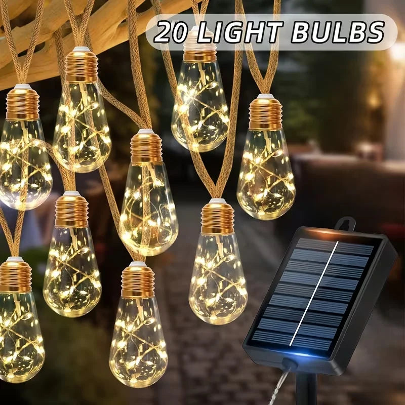 Solar String Lights — Hemp Rope Cord, Edison Bulb Style, 8 Modes