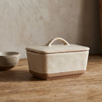 Speckled Stoneware Butter Dish – Cream with Lid on a nice wooden table. 