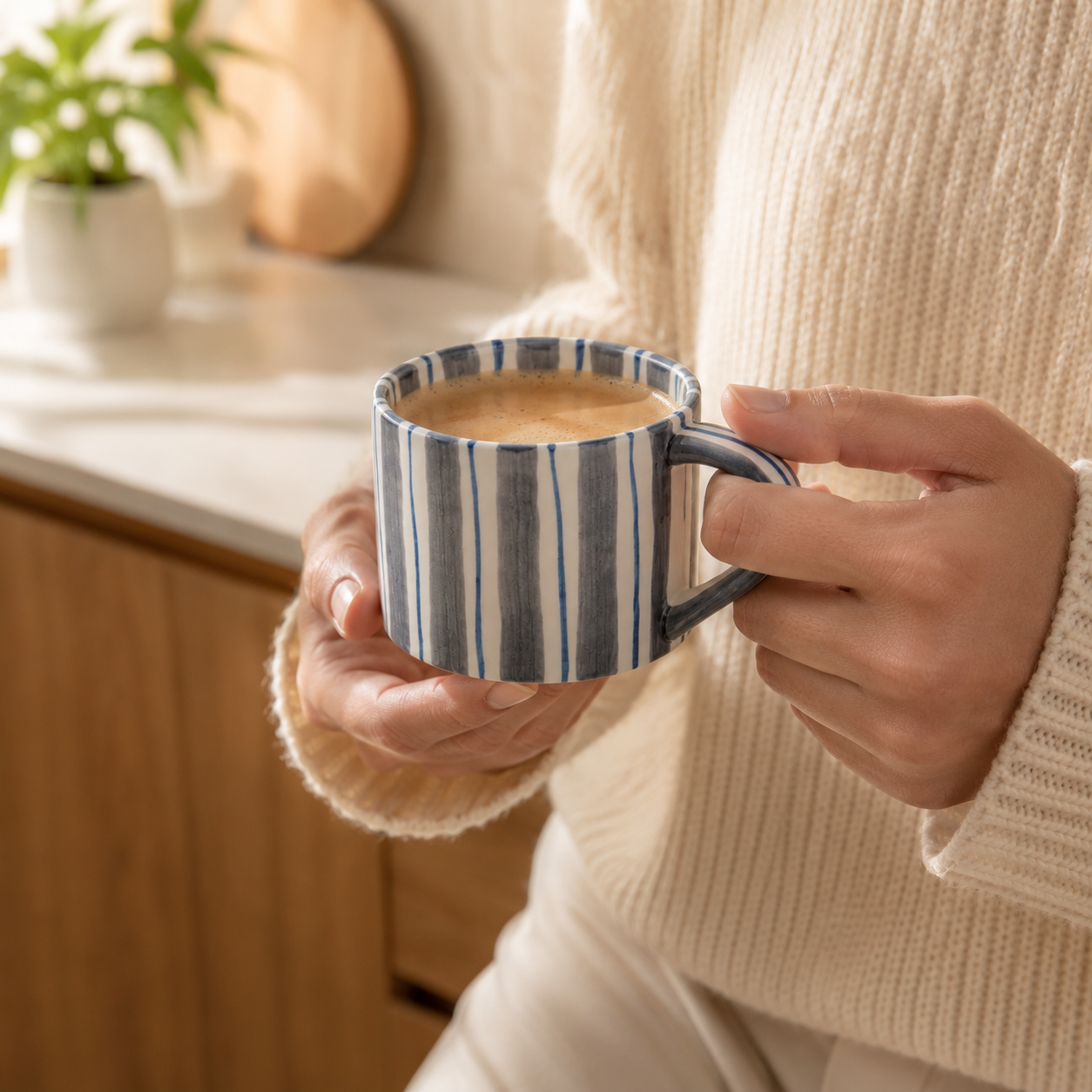 Hand Painted Striped Ceramic Mug and Saucer Set