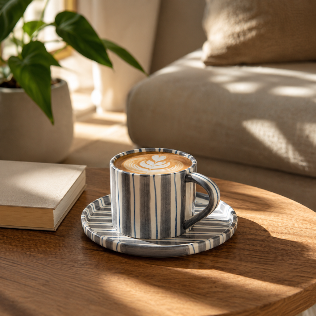 Hand Painted Striped Ceramic Mug and Saucer Set