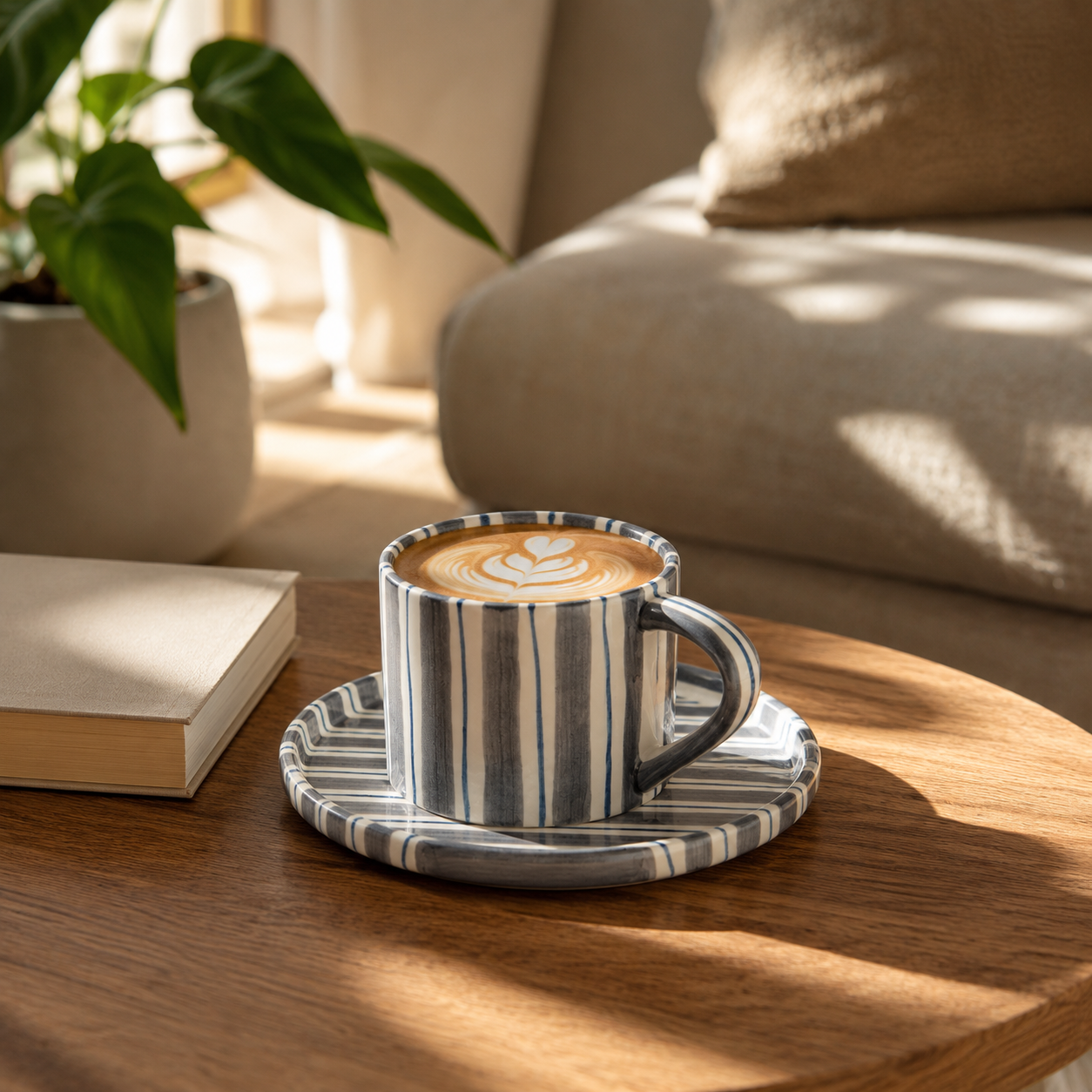 Hand Painted Striped Ceramic Mug and Saucer Set