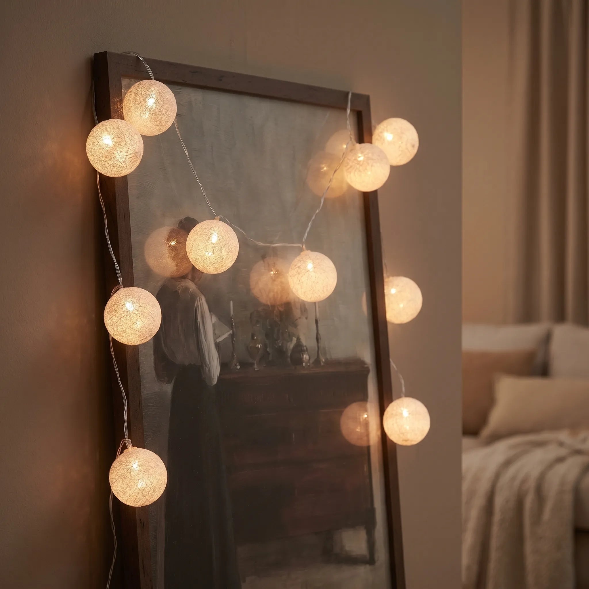 String lights with round bulbs hanging in front of a mirror in a bedroom setting.