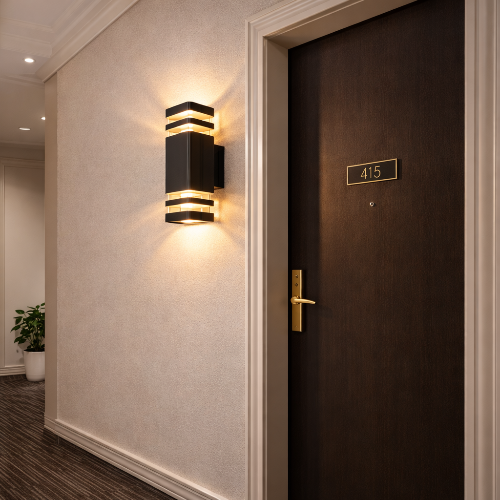 Modern wall sconce on a textured wall next to a door with a room number.