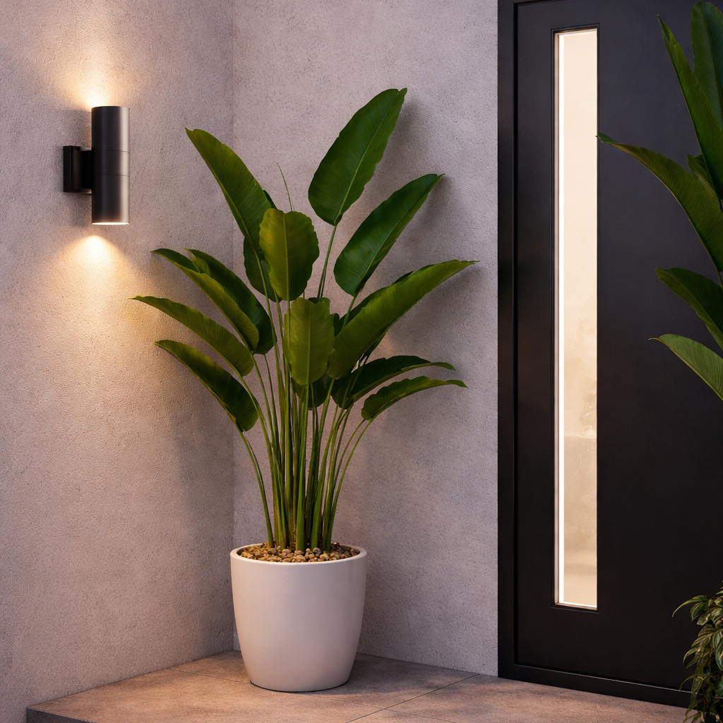 Potted plant on a concrete step with a modern black door and wall light fixture.