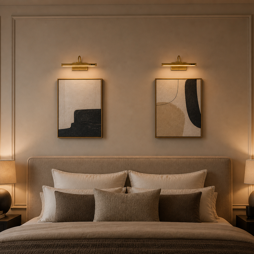 Modern bedroom with a bed, nightstands, and wall art.