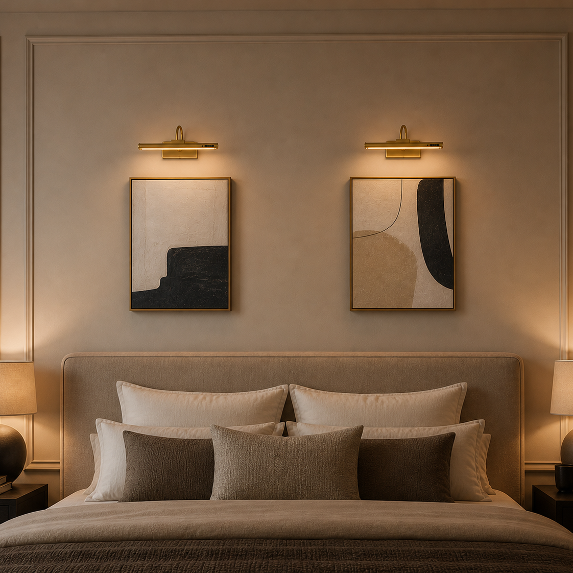 Modern bedroom with a bed, nightstands, and wall art.