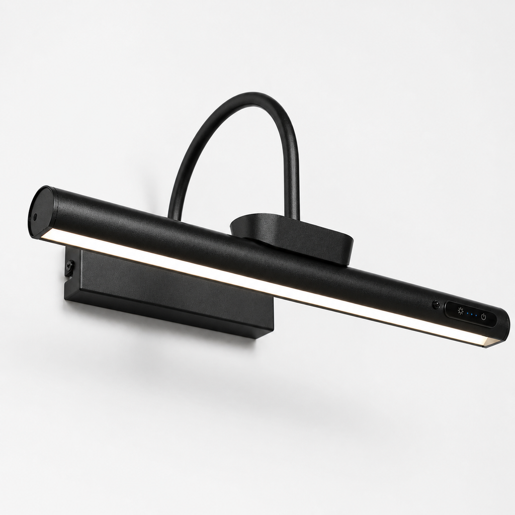 Black wall-mounted LED light fixture on a white background