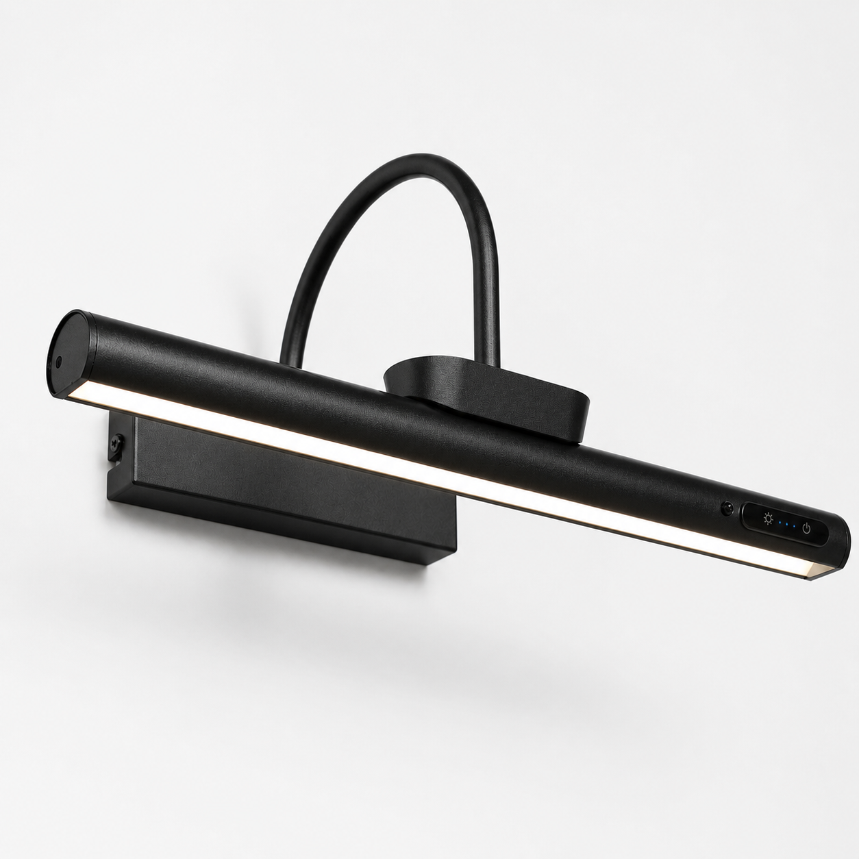 Black wall-mounted LED light fixture on a white background