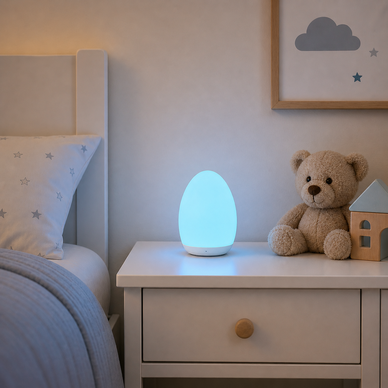 Children's bedroom with a night lamp, teddy bear, and small house on a nightstand.