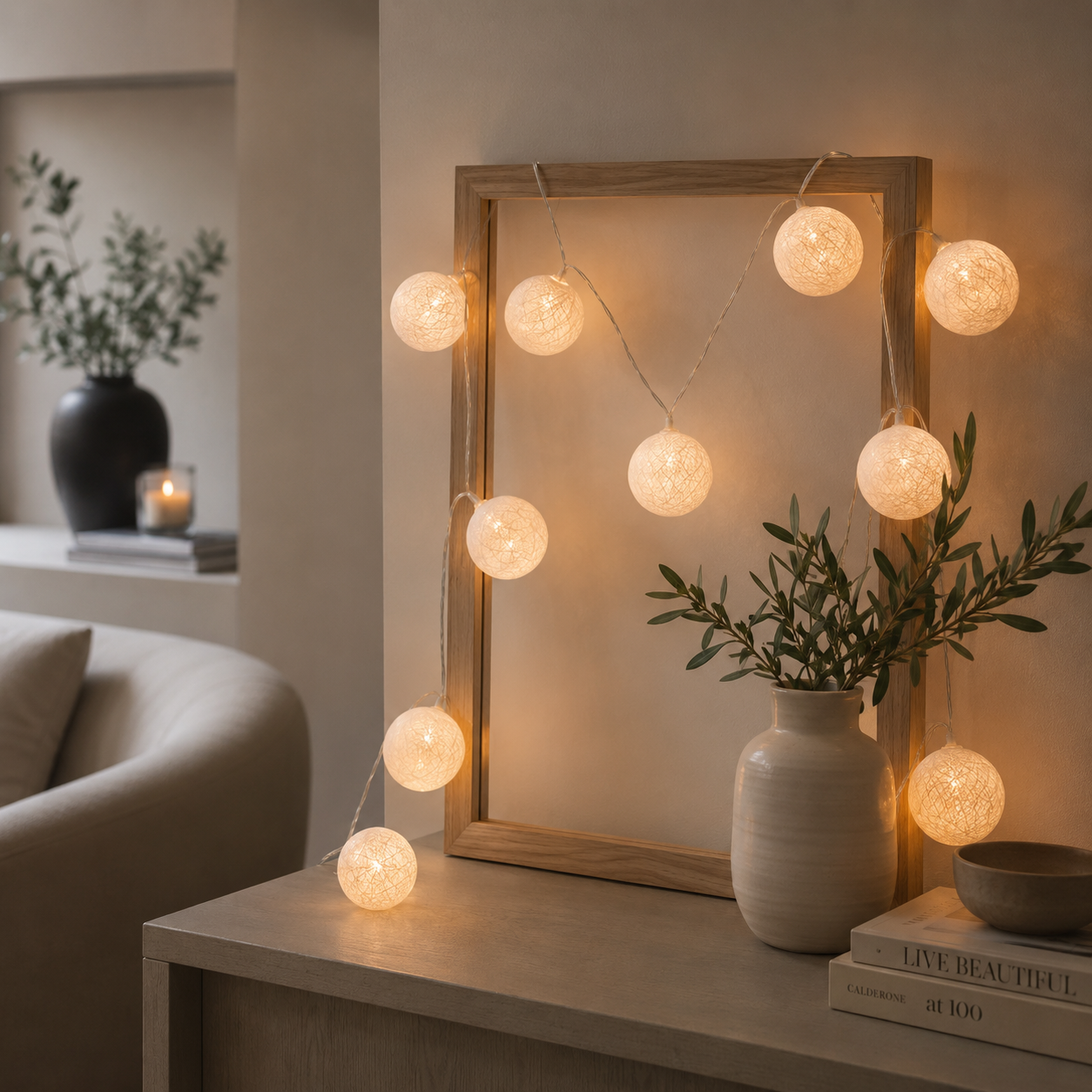 String lights on a table with a mirror and decorative items in a cozy room.