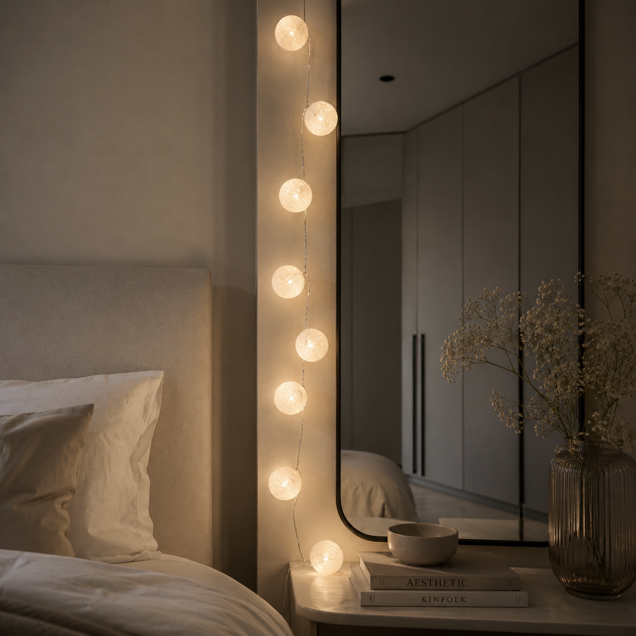 Bedroom with string lights, mirror, and decorative items.