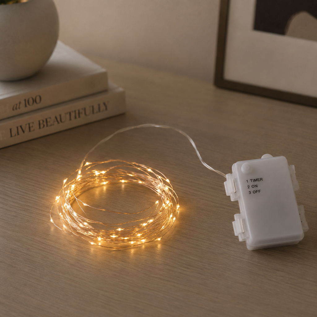 Small string of lights with a timer on a wooden surface