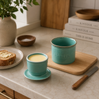 French Butter Crock – Speckled Stoneware Keeper with butter in it in a nice kitchen. 