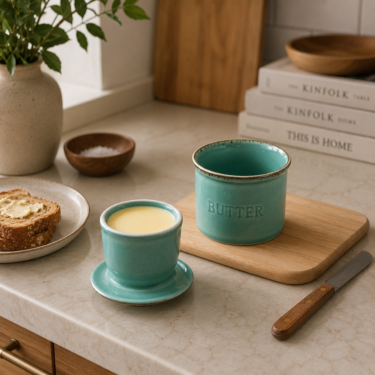 French Butter Crock – Speckled Stoneware Keeper with butter in it in a nice kitchen. 